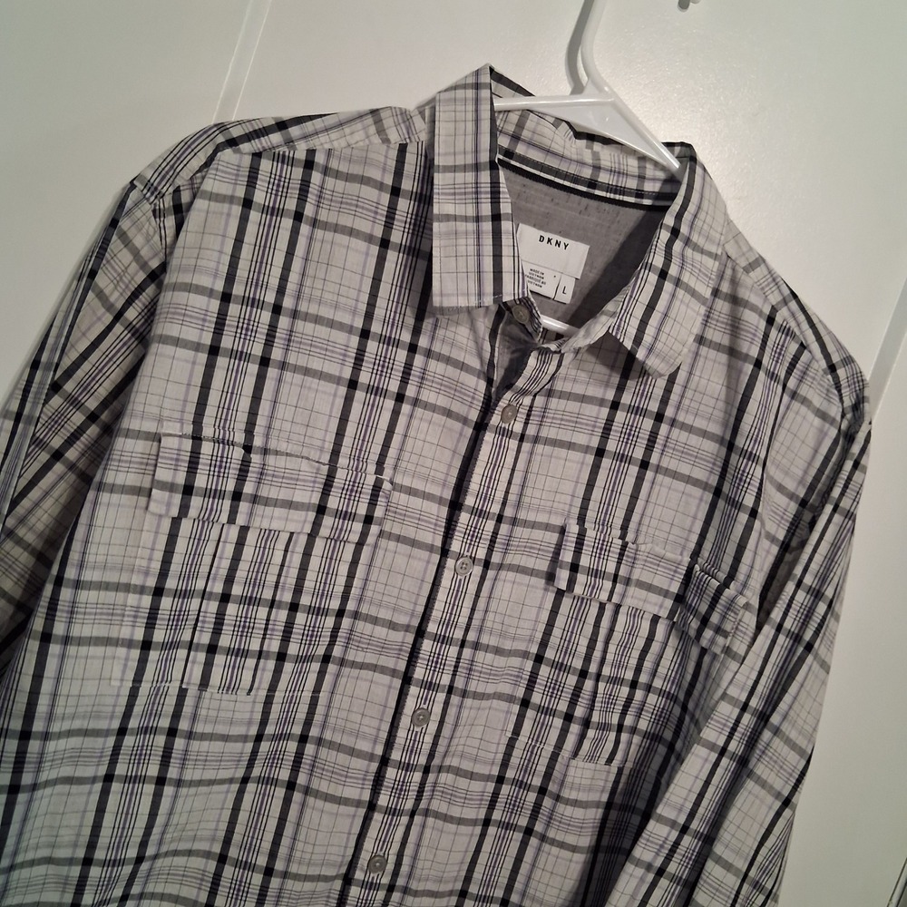 DKNY Button Down Shirt Mens L Gray Plaid Long Sleeve Pocket Casual Preppy Work
